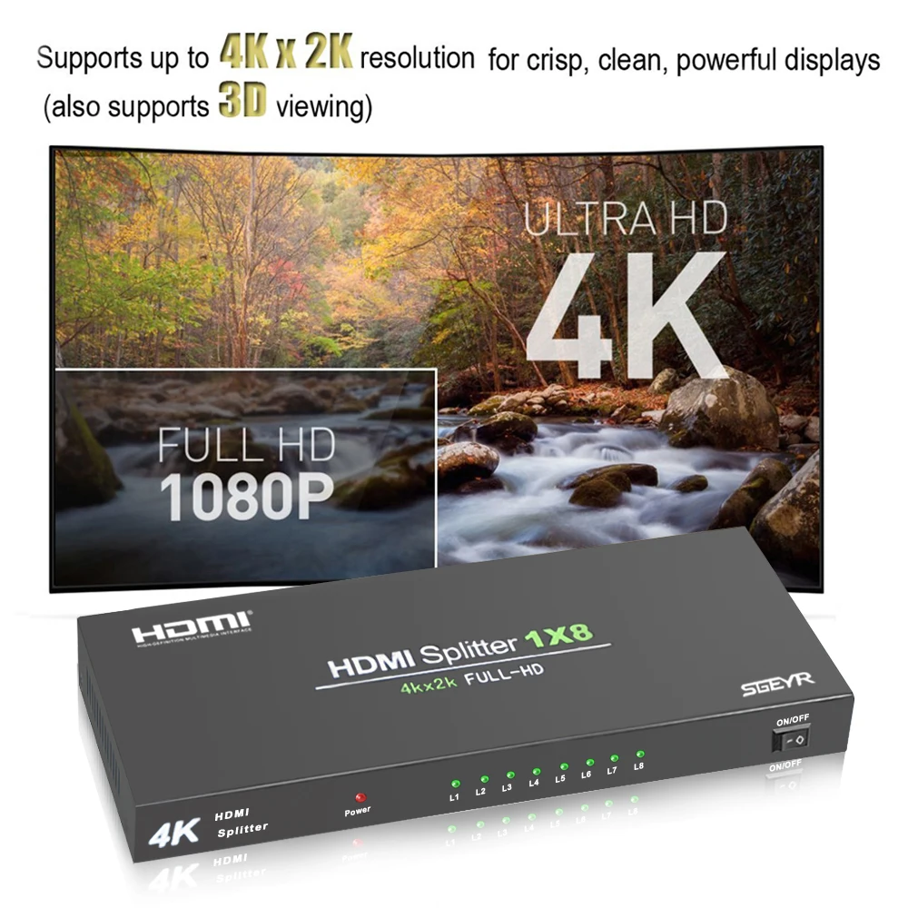 4K HDMI сплиттер 1 в 8 Выход SGEYR 1x8 1080P v1.4 портов с Full HD 4K/2K и 3D разрешением|hdmi splitter|4k hdmi