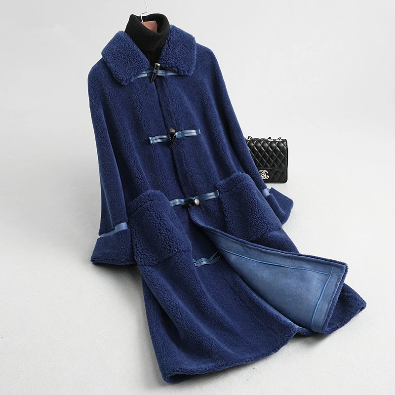 Blue AYUNSUE пальто с натуральным мехом женское модное зимнее пальто женская одежда корейская винтажная Длинная шерстяная куртка с роговыми пуговицами теплые пальто 59326 - Цвет: Blue