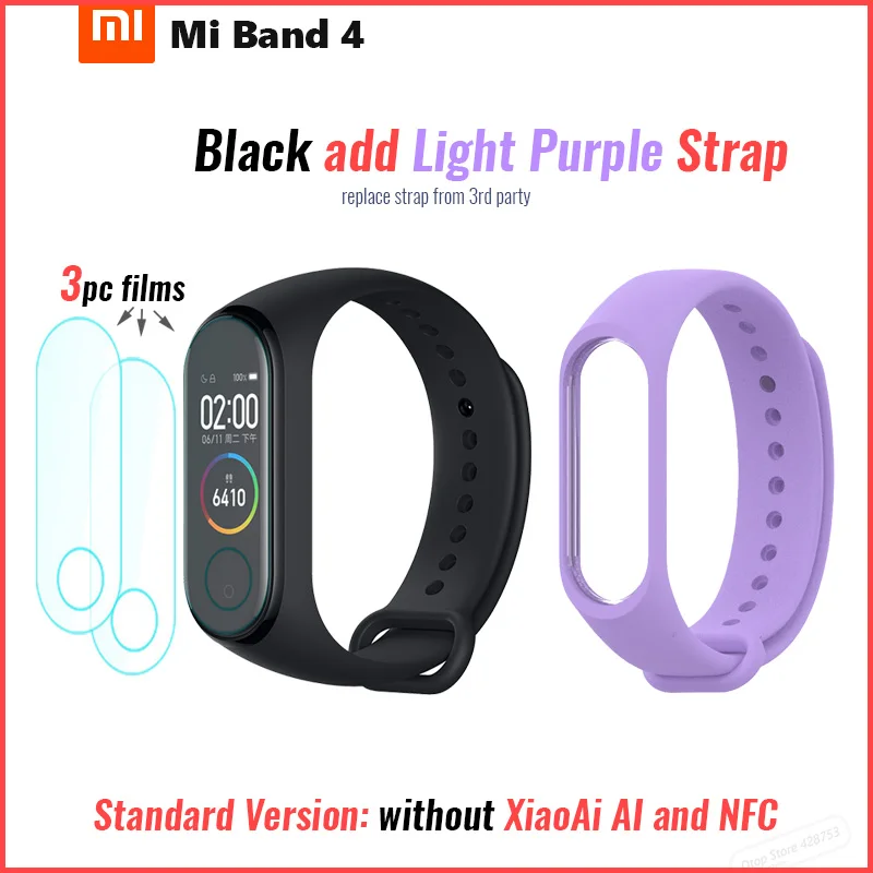 add film l purple st Xiaomi Mi Band 4 Smart Band 4 Браслет фитнес-браслет Музыкальный контроль браслет Bluetooth 5 AMOLED цветной сенсорный экран - Цвет: add film l purple st