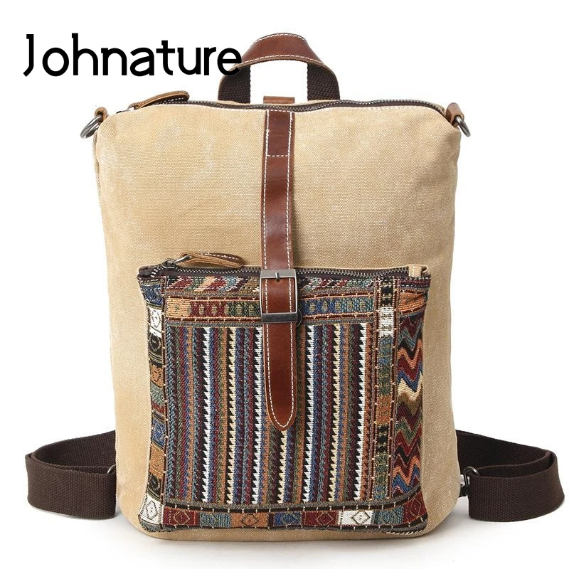 

Johnature 2021 New National Vintage Canvas Backpack Leisure Man Bag Multifunctional Large Capacity Solid Zipper Men School Bags