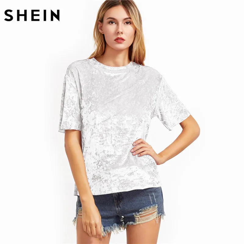 SHEIN, женские повседневные футболки, Лето, женские топы, белые, короткий рукав, измельченный бархат, футболка с круглым вырезом, женская футболка, Топ