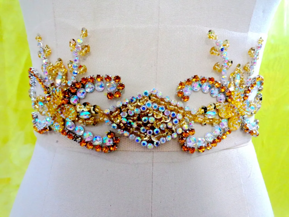 Патчи с кристаллами ручной работы A185 золотого/прозрачного цвета пришивные