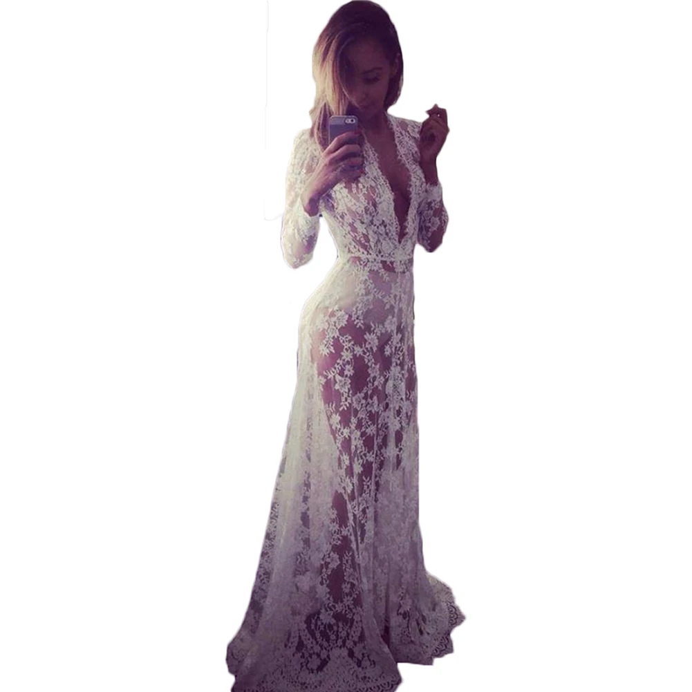 Женское длинное платье в пол элегантное белое с глубоким V-образным вырезом лето