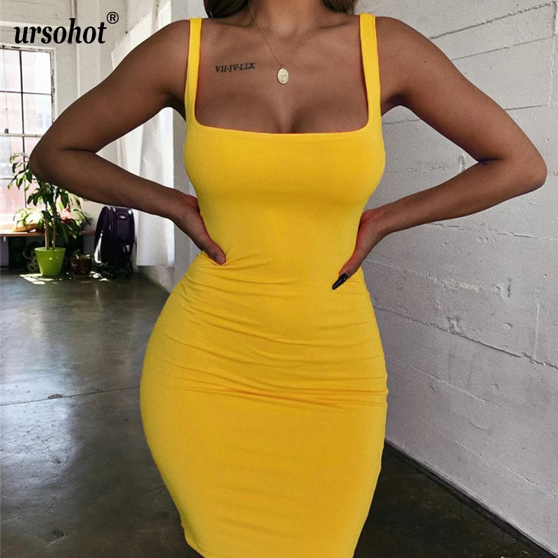 Ursohot Спагетти ремень Танк Bodycon платье летние однотонные сексуальные винтажные