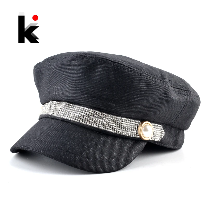 Женские военные кепки газетчика весна осень фуражка военная дамы со стразами
