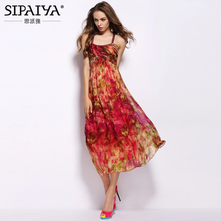 Женское платье из 100% чистого шелка Элегантное Длинное Летнее европейского