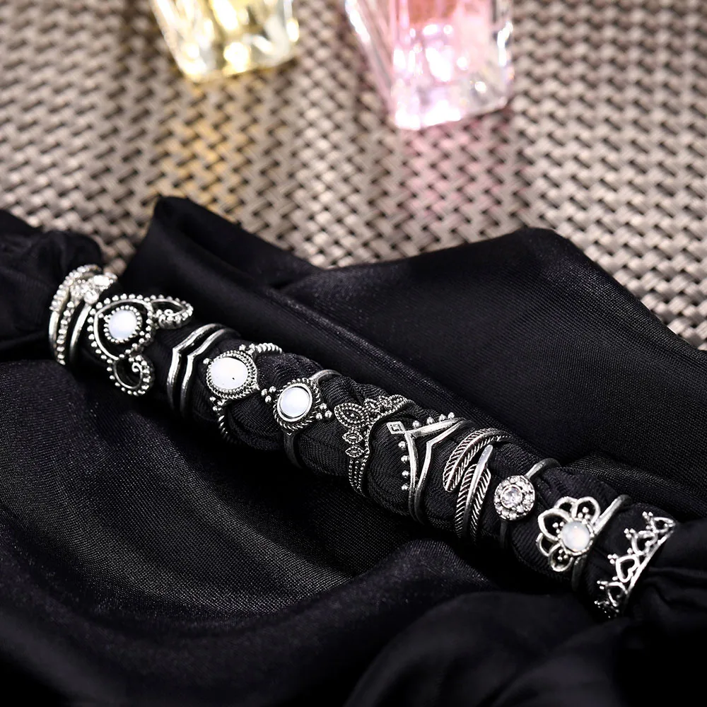 DAXI 10Pcs/Set Vintage Ring Set Sculpture Elephant Leaf Feather Crystal Gems Silver Color Joint Female Charm Jewelry Gift | Украшения и