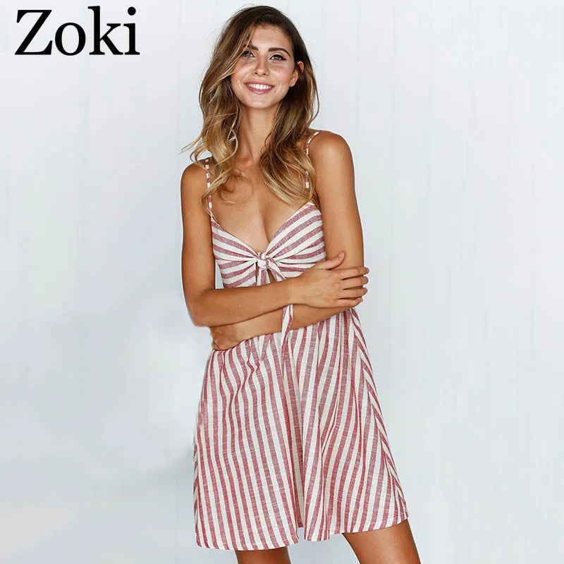 Женское мини платье Zoki с бантом на шее принтом в полоску тонких бретельках