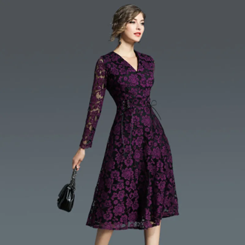 2018 Новое Кружевное Платье женское весеннее фиолетовое платье с длинными