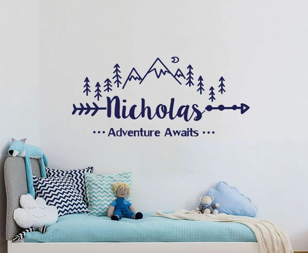 

Name Decal for Nursery Boys Girls Name Adventure Awaits Arrow Vinyl Stickers Personalized Mountain Kids Bedroom Decoration D676