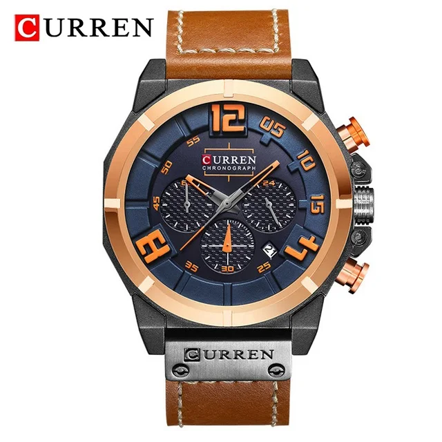 Brown Blue CURREN Модные повседневные мужские часы водонепроницаемые военные спортивные часы мужские кожаные кварцевые часы для мужчин часы Relogio Masculino - Цвет: Brown Blue