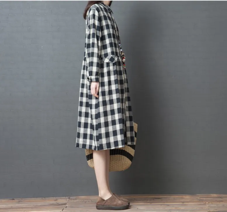 

Factory direct spring and autumn new loose large size women's fashion plaid cotton Casual dress