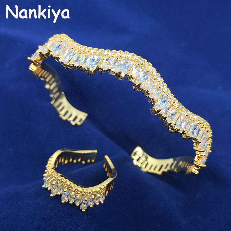 Nankiya, высокое качество, браслеты из латуни и циркония, набор колец для пальцев, волнистая форма, открытый размер, браслет, свадебные аксессуары, NZ076