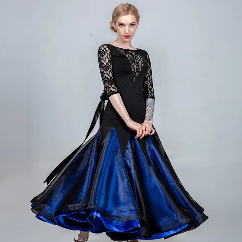 blue set Бальная юбка для женщин Фламенко юбка испанский Танцы платье юбка для вальса Одежда для танцев женские Танцы костюмы кружево Танцы стандартная юбка - Цвет: blue set