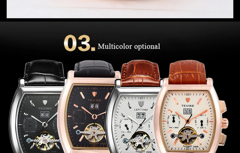 TEVISE Мужские автоматические часы Tonneau с циферблатом стимпанк Tourbillon часы Механические самовздувающиеся кожаные Наручные часы с календарем 8383B
