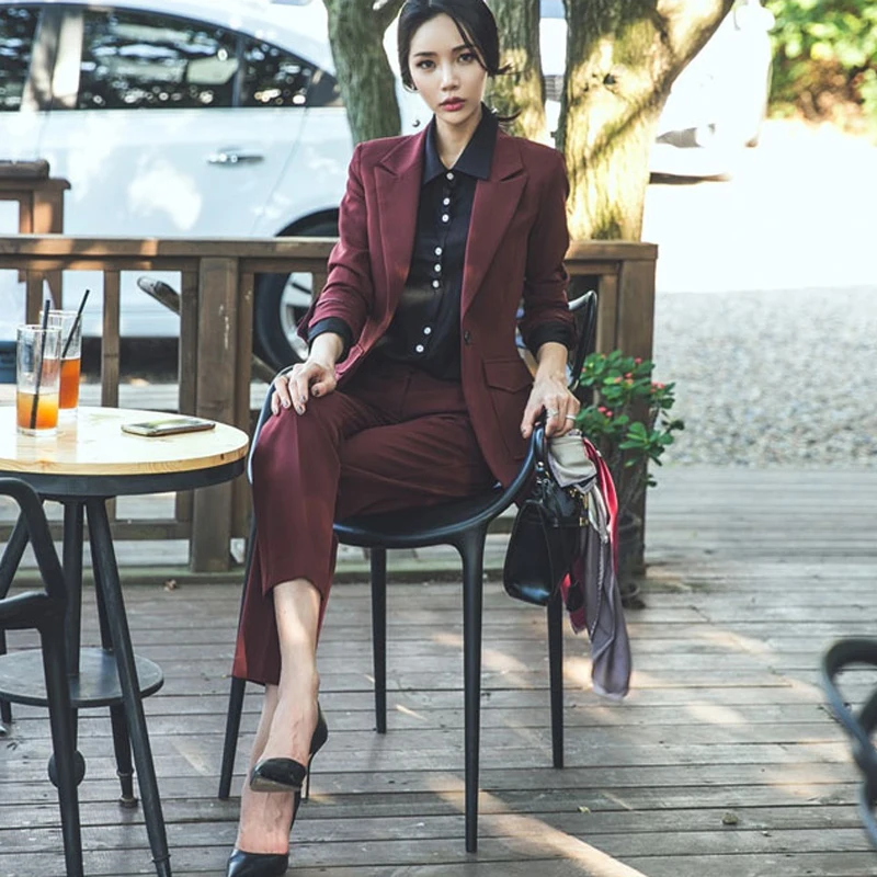 

Custom fashion new women's women's single buckle wine red casual suit two-piece (jacket + pants) women's business formal suit