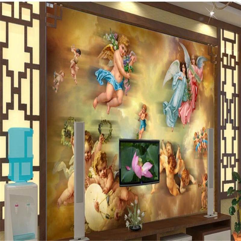 beibehang Living room beautiful angel oil painting TV background wall custom large fresco green wallpaper papel de parede