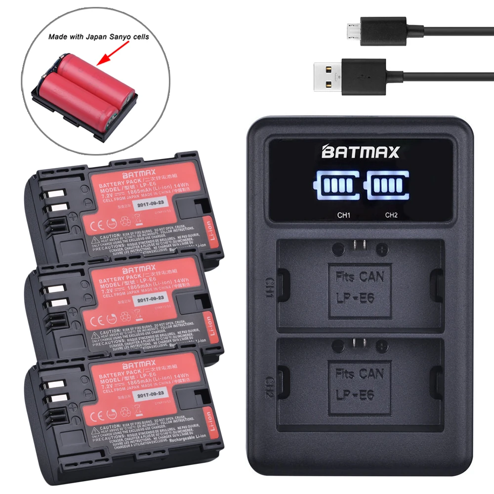 3 шт. японские ячейки LP E6 E6N батарея AKKU + светодиодный двойной USB зарядное
