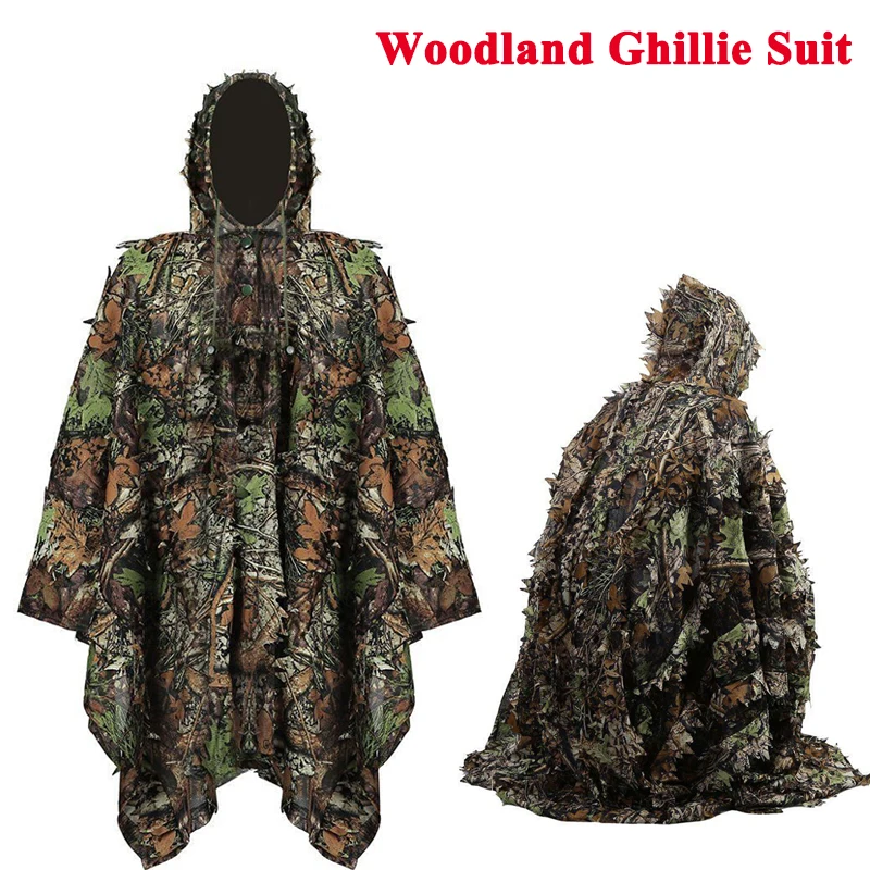 

Тактический Костюм снайпера Ghillie с 3D листьями, Мужская камуфляжная охотничья одежда для леса, рубашка + брюки, военная накидка с капюшоном