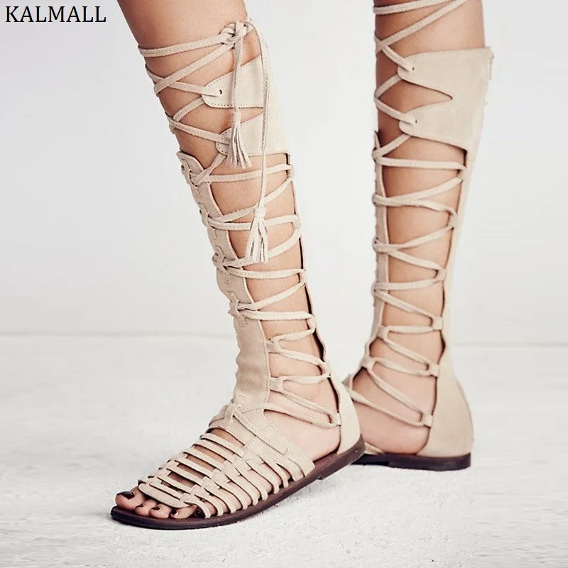 Женские босоножки гладиаторы KALMALL в римском стиле с вырезами летние высокие до