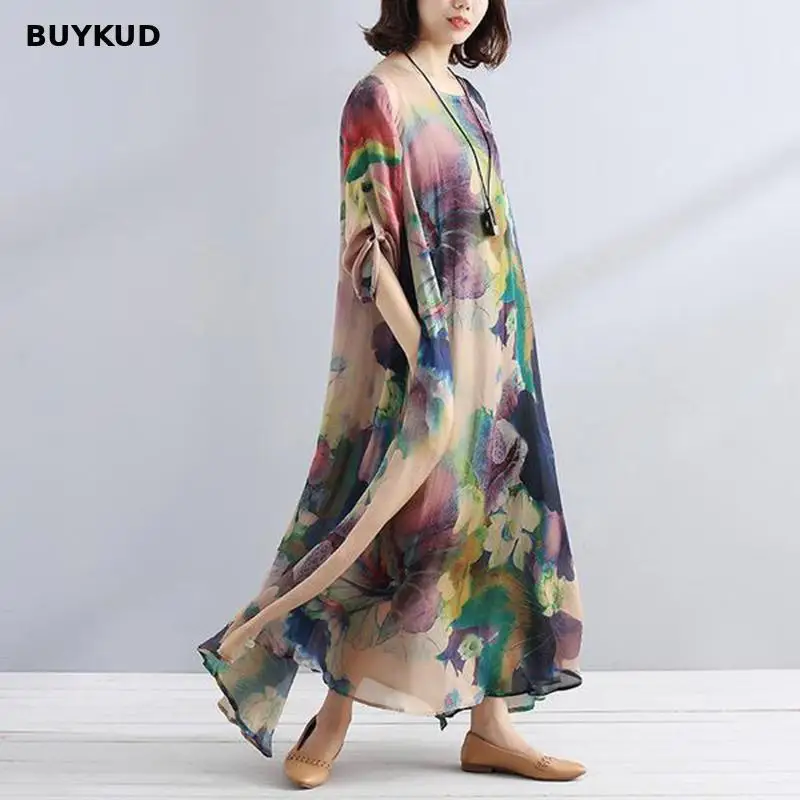 BUYKUD хлопковое льняное женское платье 2018 лето осень повседневное свободное Макси