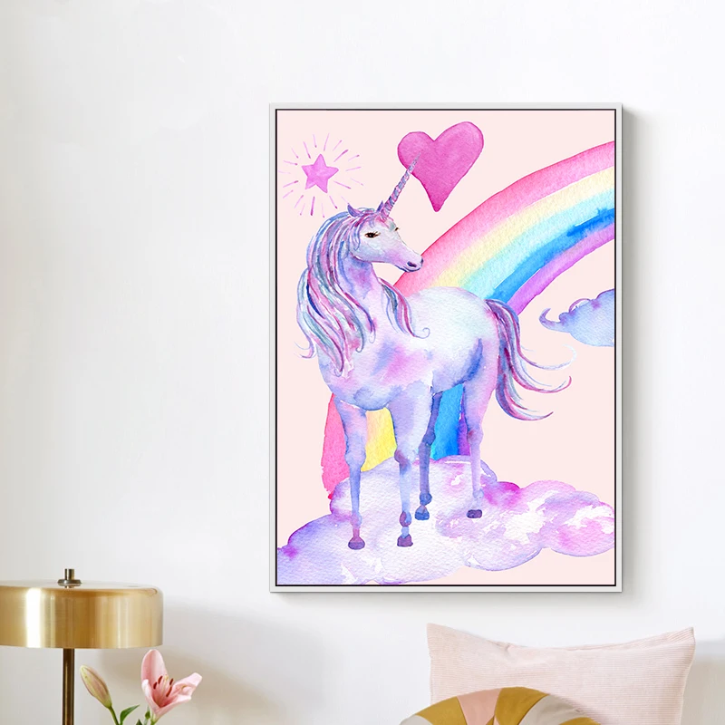 Nordic Kawaii 2PCS Cute Pink Princess Rainbow Series Cartoon Canvas Painting Art Print Poster Picture Children Bedroom Home Deco | Дом и сад