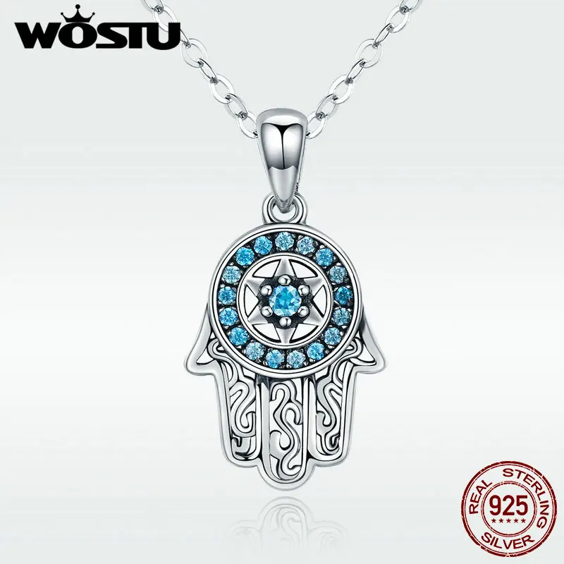 WOSTU Настоящее серебро 925 пробы Рука Фатимы Хамса кулон колье ожерелье для женщин
