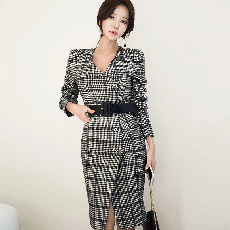 

new arrival sexy v-neck dress new women work style fashion elegant slim Single-breasted OL comfortable warm thick pencil dress