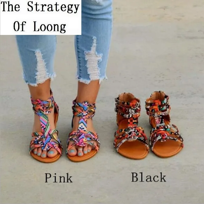 Женские босоножки на плоской подошве разноцветные сандалии в римском стиле с