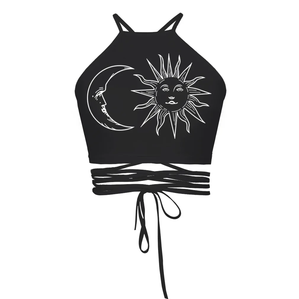 Женский укороченный топ с принтом Sun Moon ажурный открытой спиной и лямкой на шее