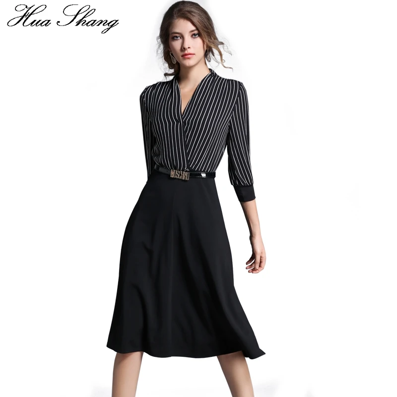 2017 осеннее женское платье в полоску с v образным вырезом рукав три четверти