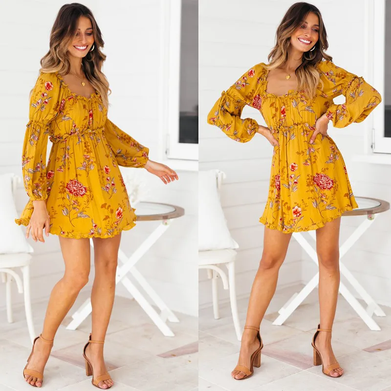 Женское пляжное платье с открытыми плечами yinlinhe желтое Хлопковое цветочным