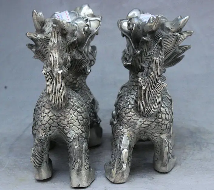 Бесплатный Китайский Серебро Богатство Юань Бао Чи-лин Qilin Пара Kylin Зверь Статуя Скульптура быстро