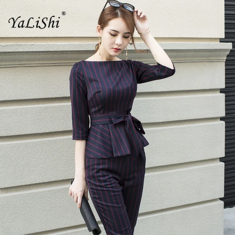 

Two Piece Set 2021 Autumn Office Business Suit Women Long-sleeves O-Neck Sashes Striped Blouse Tops and Nine Pants 2 Piece Set