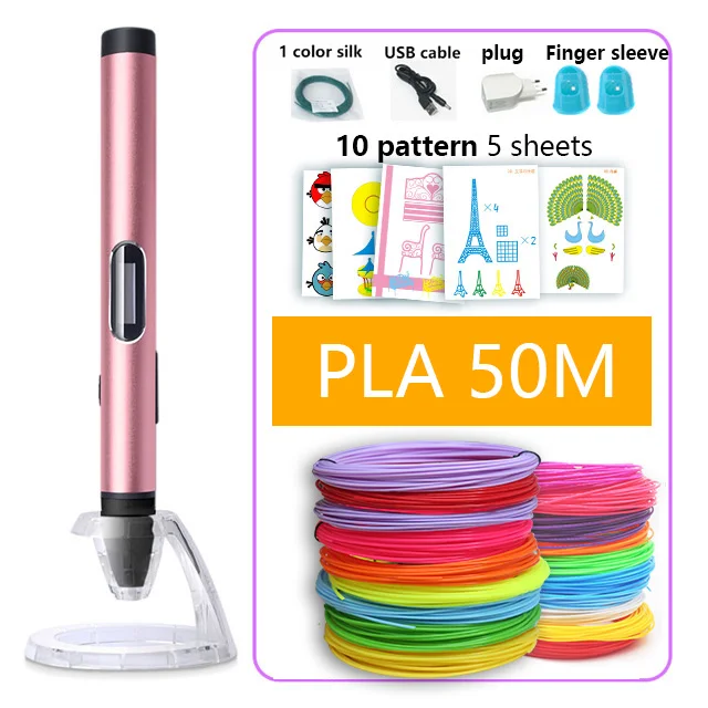 Rose and 50m pla 3d Ручка 4-го поколения, 3 d ручки, 3d Ручка для принтера, 1,75 мм abs/pla нити, металлический материал, зарядка через usb, светодиодный дисплей - Цвет: Rose and 50m pla