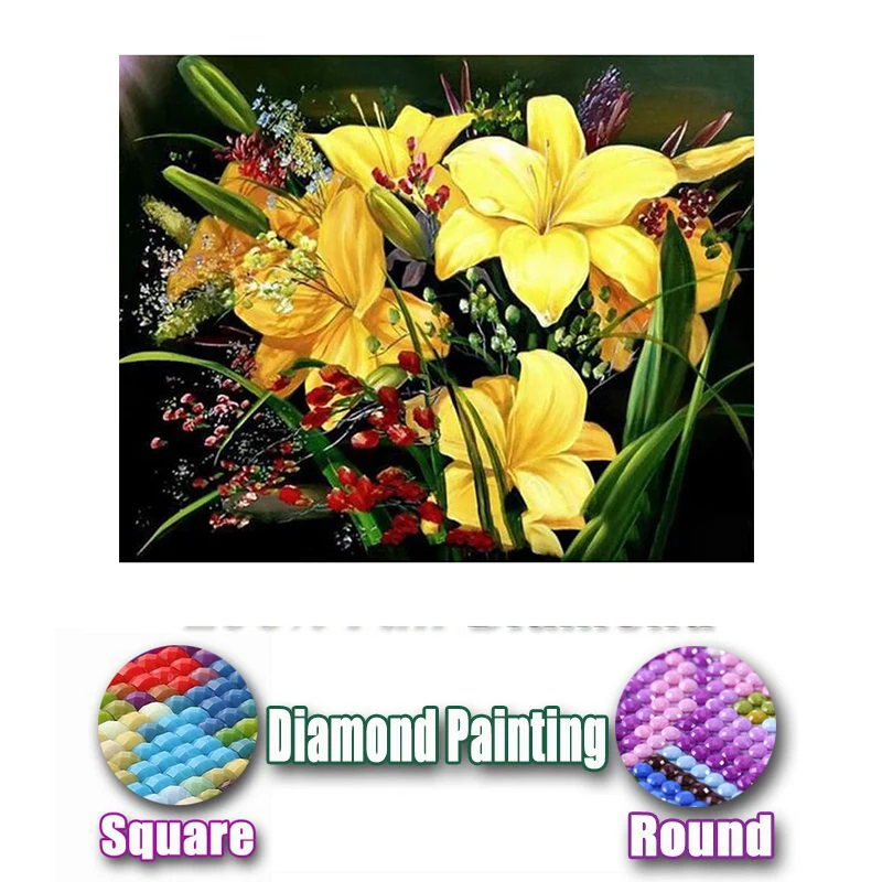 

Diy Diamond Painting Flower Cross Stitch Crystal Round Full Diamond Sets Unfinished Full Diamond Embroidery Yellow Lily Bouquet