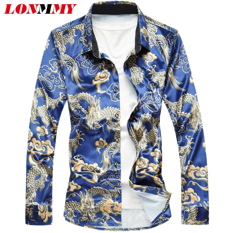 Золотая Бархатная блузка LONMMY 6XL 7XL облегающие мужские рубашки повседневные с