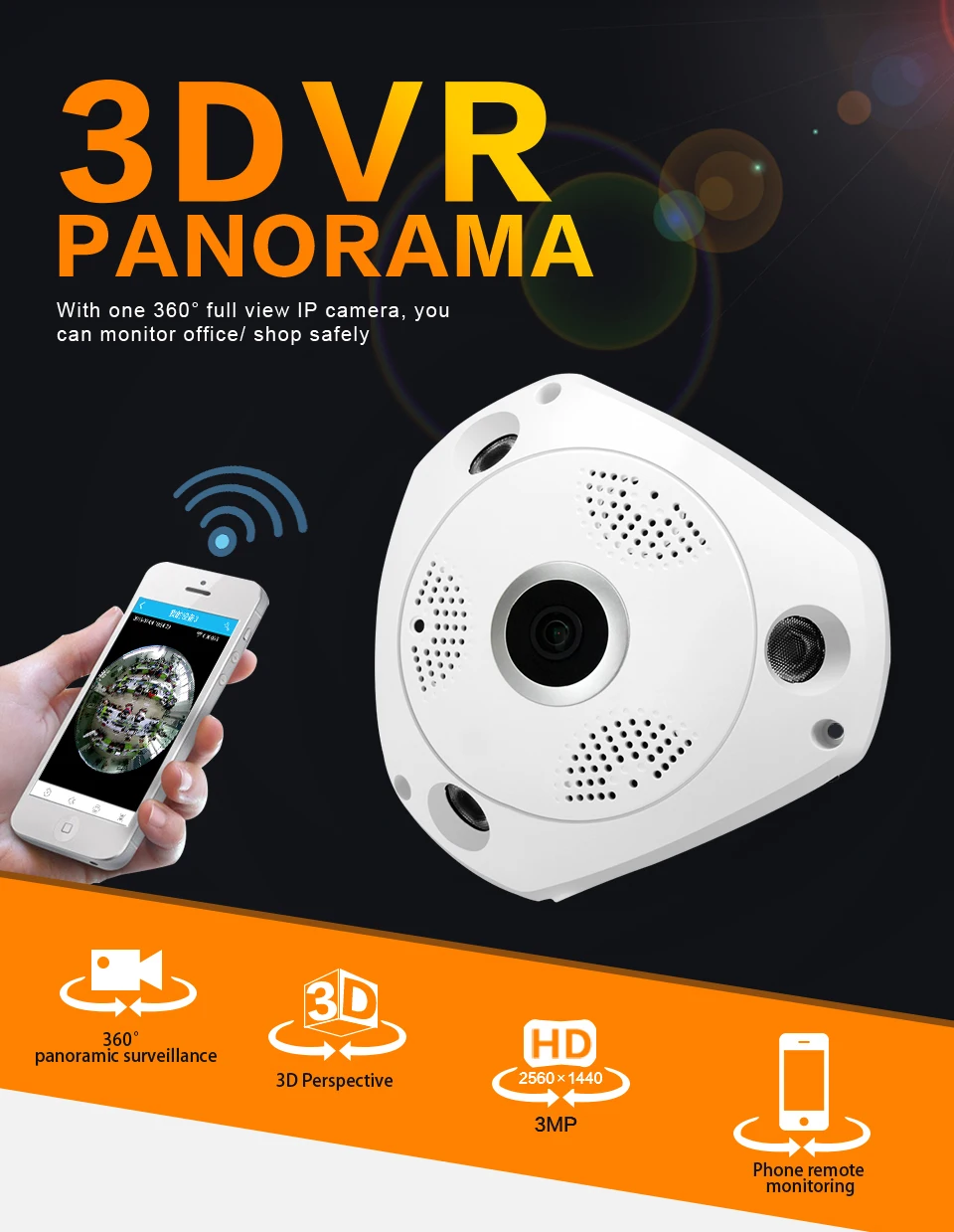 Wifi IP широкоугольная VR камера беспроводная 3MP HD Смарт 360 градусов Fishey панорамная