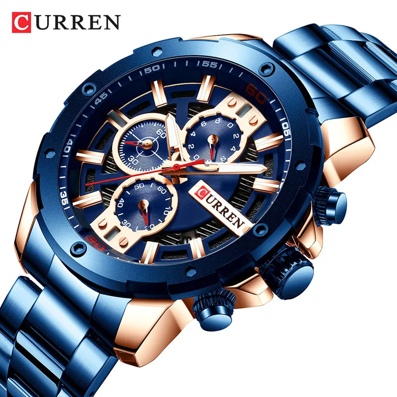 Blue Curren Мужские часы Топ бренд класса люкс хронограф мужские часы из нержавеющей стали Кварцевые часы водонепроницаемые наручные часы Мужские часы - Цвет: Blue