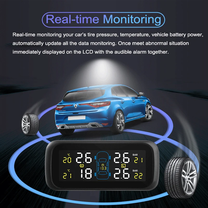 TPMS Android IOS Car Electronics Tire Pressure Alarm Monitoring System with External Replaceable Battery Sensors LCD Display | Автомобили