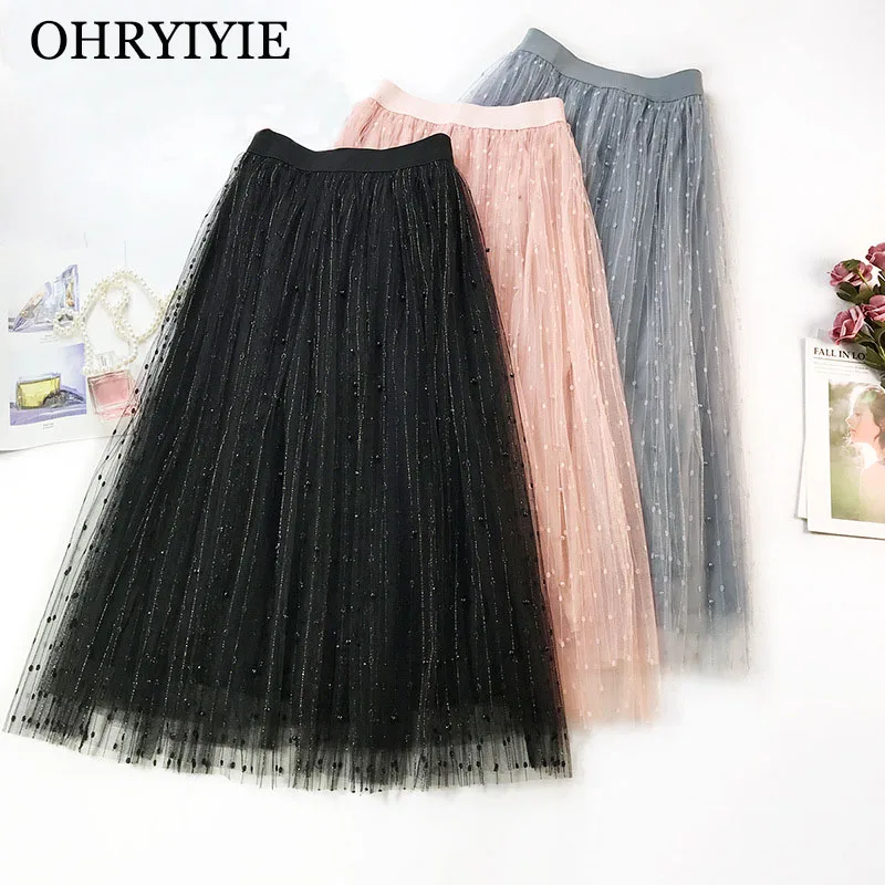 OHRYIYIE/женские юбки из тюля с жемчугом; Новинка года; сезон весна-лето; юбка-пачка с бисером; Женская длинная юбка в горошек; Jupe Longue Femme