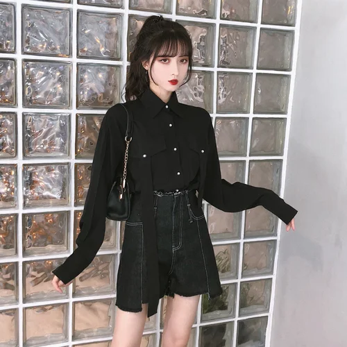 Рубашка с длинным рукавом женские черные шорты завышенной талией шикарные