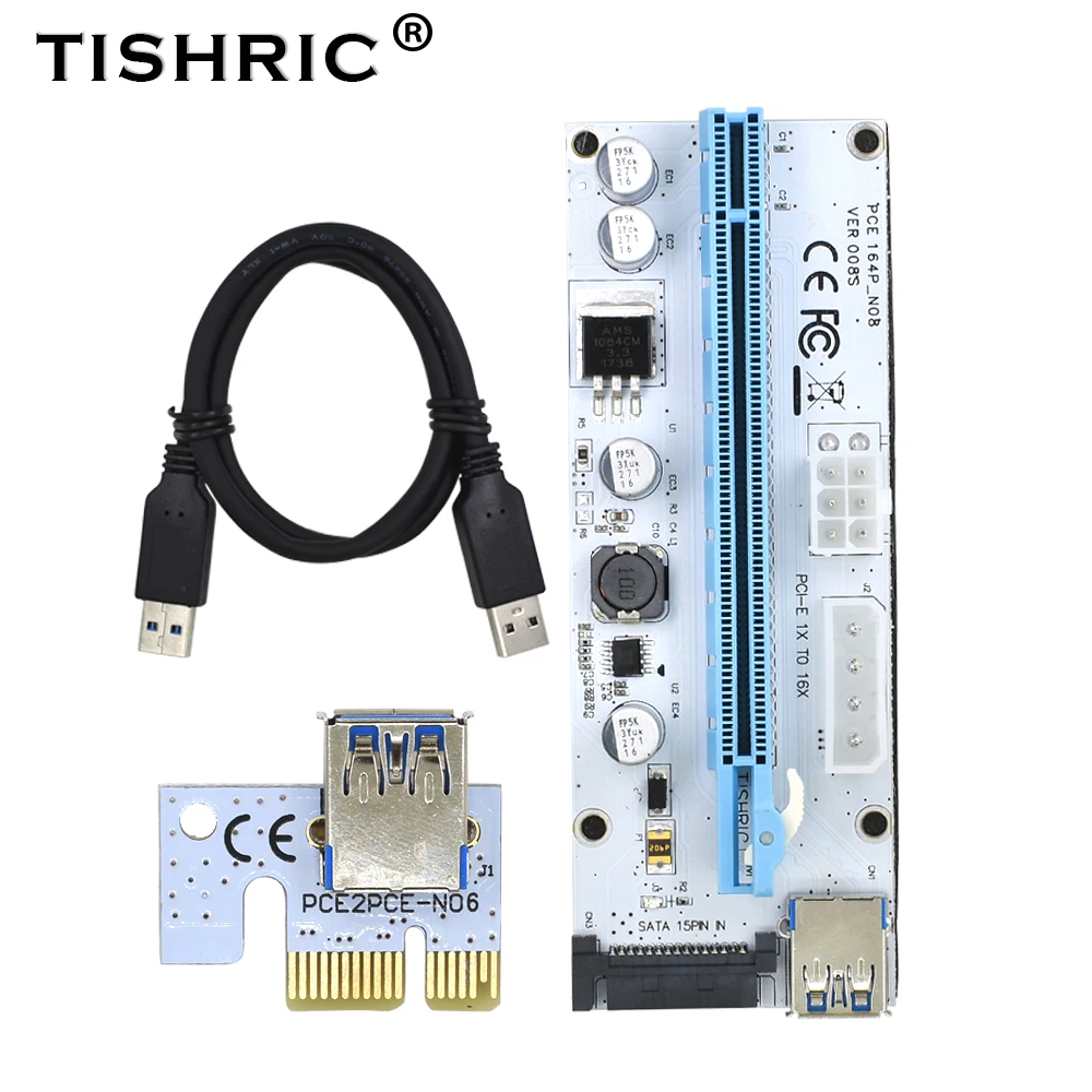 TISHRIC PCIE PCI E Express Riser Card 1x к 16x USB 3 0 кабель VER 008S в 1 Molex 4Pin SATA 6PIN Raise для майнинга Riser| |