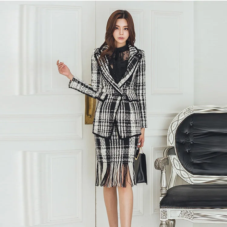 black two piece sets Новая женская юбка Блейзер Костюмы зубчатый двубортный топ с длинным рукавом и карманами клетчатая Офисная Женская юбка S91902J - Цвет: black two piece sets