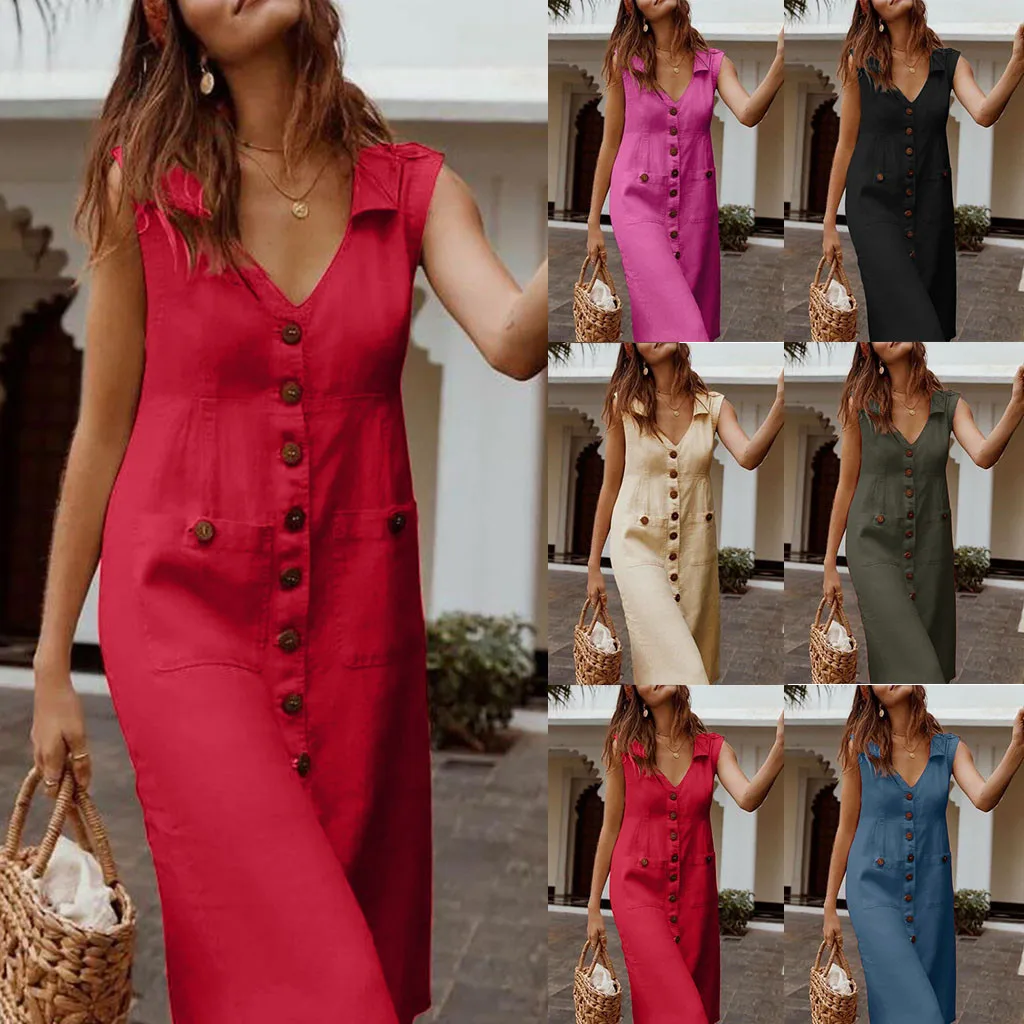 2019 новое летнее платье женское повседневное однотонное без рукавов с пуговицами
