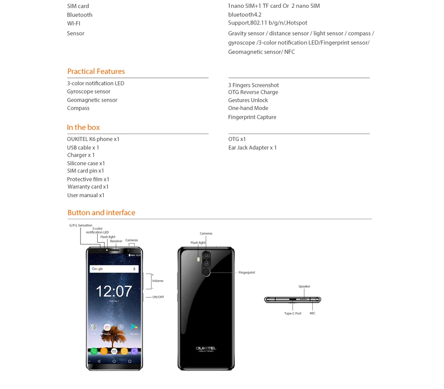 OUKITEL K6 18:9 полный дисплей разблокировка лица 6,0 ''FHD 6 ГБ ОЗУ 64 Гб ПЗУ MT K6 763 Восьмиядерный 21 МП 4 камеры 6300 мАч NFC мобильный телефон