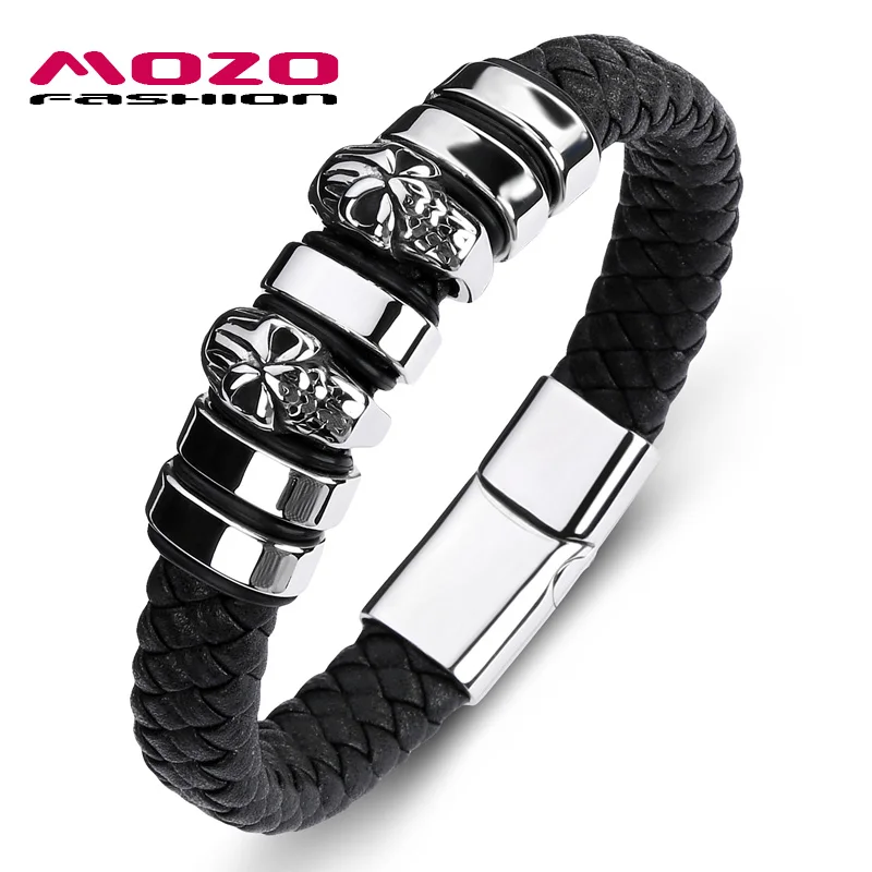 Black MOZO модные классические Для мужчин браслет черный кожаный Скелет Нержавеющая сталь браслет на магнитной застежке высокое качество человек ювелирные изделия PS2101 - Окраска металла: Black