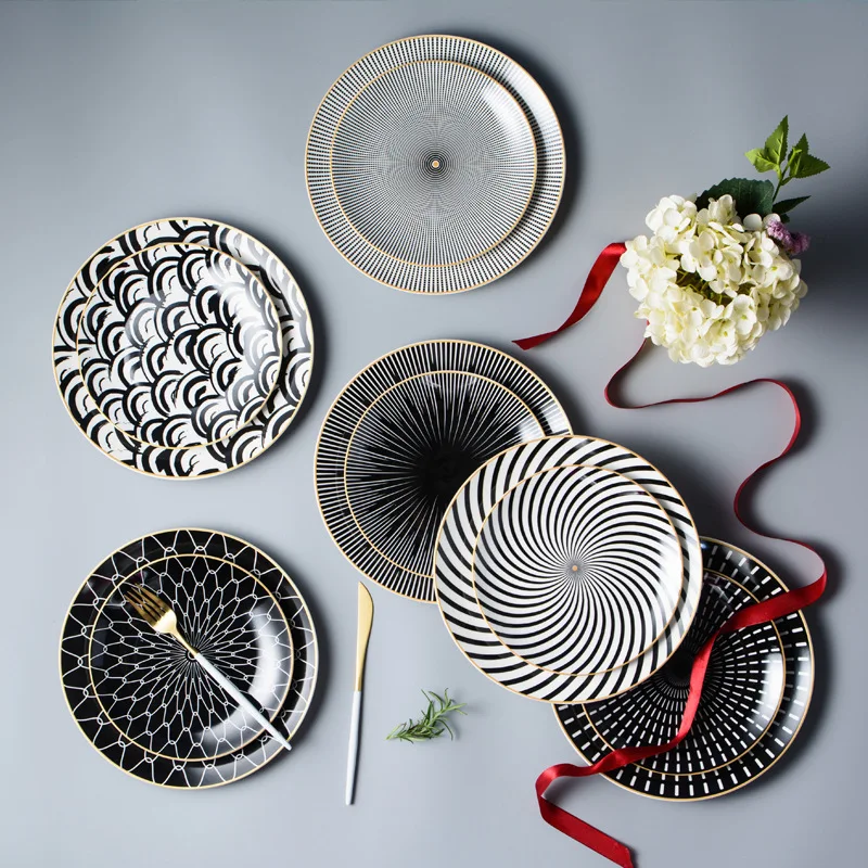 Ceramic Creative Geometric Pattern Nordic Pasta Round Fruit Tray Cake Plate Western Steak China Dinner Set | Дом и сад