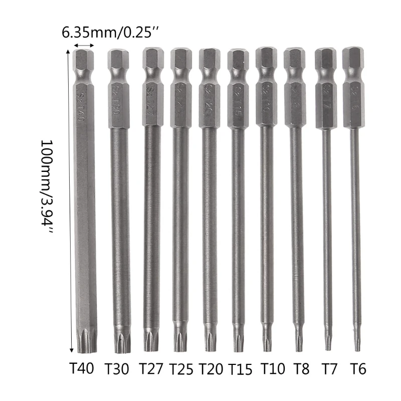 10 шт./компл. 100 мм 1/4 дюймовые шестигранные магнитной головки Torx насадки для