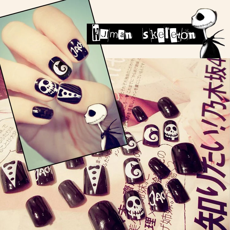 24 шт. короткие накладные ногти с черно белым скелетом (не содержит клея)|glue for hair
